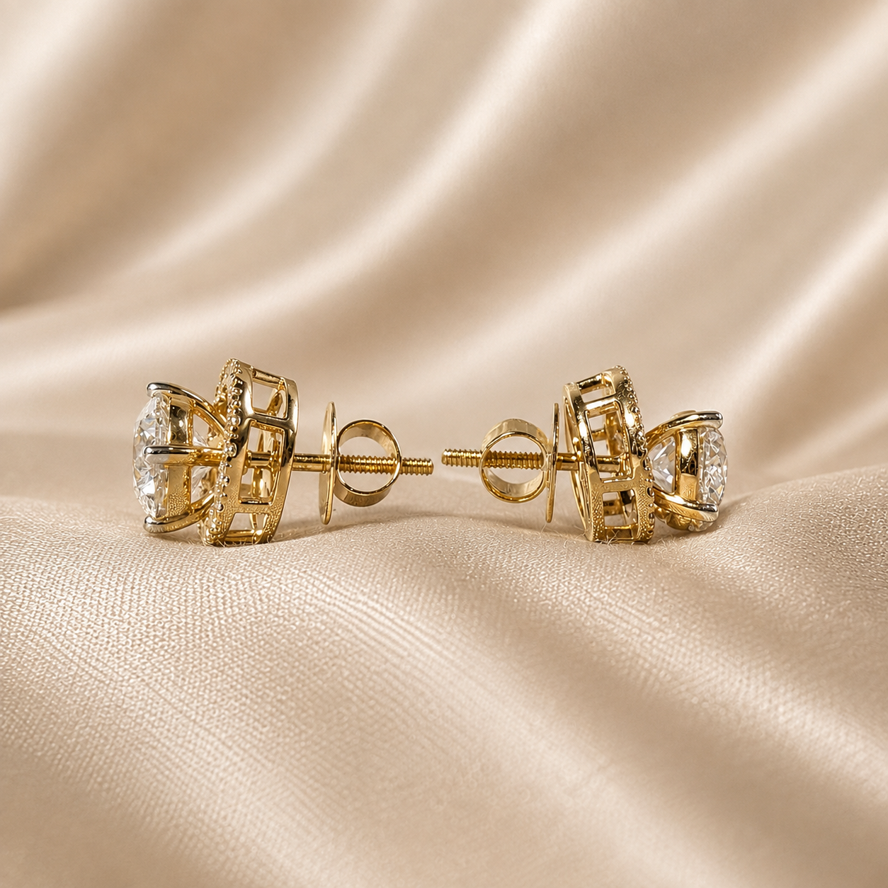 Round Lab Grown Diamond Halo Stud Earrings Gold Diamond Earrings Brilliant Cut Elegant Bridal Wedding Handmade Jewelry Luxury Gift for Her