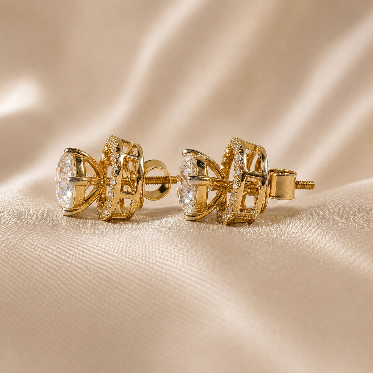 Round Lab Grown Diamond Halo Stud Earrings Gold Diamond Earrings Brilliant Cut Elegant Bridal Wedding Handmade Jewelry Luxury Gift for Her