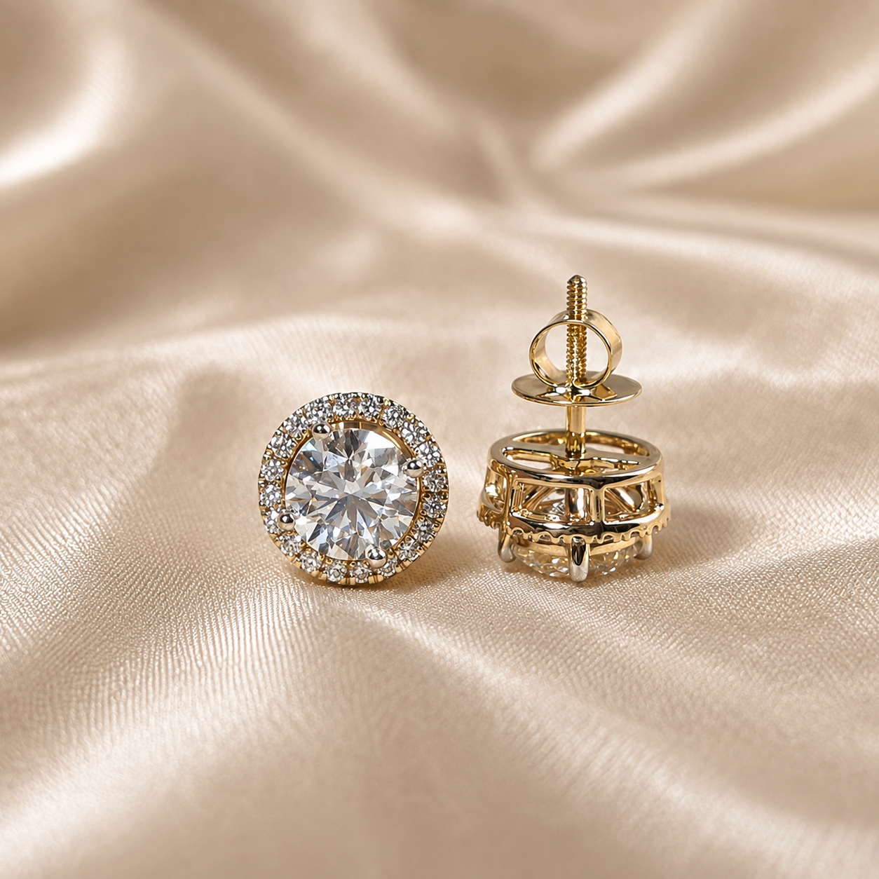 Round Lab Grown Diamond Halo Stud Earrings Gold Diamond Earrings Brilliant Cut Elegant Bridal Wedding Handmade Jewelry Luxury Gift for Her
