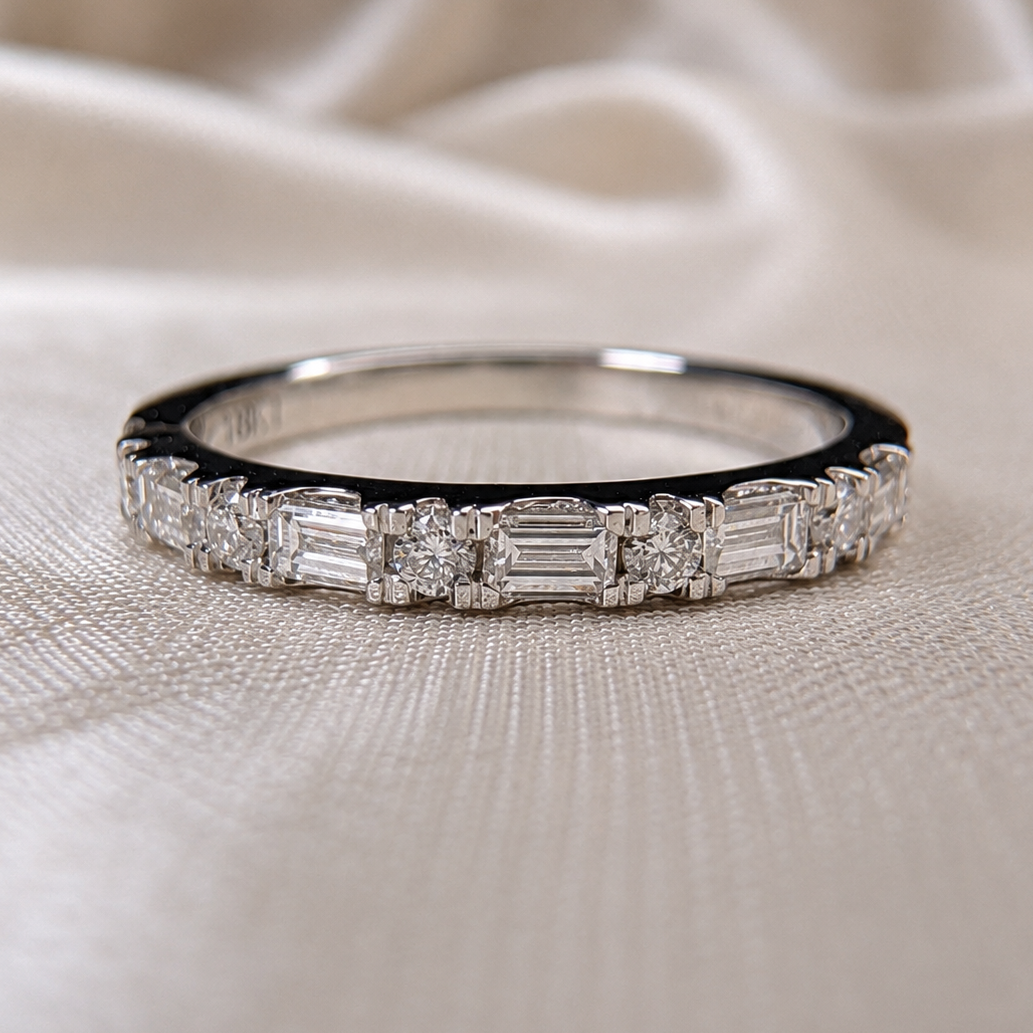 Baguette and Round Cut Lab Grown Diamond Ring Alternating Diamond Band Art Deco Wedding Band Stackable Anniversary Unique Bridal Jewelry
