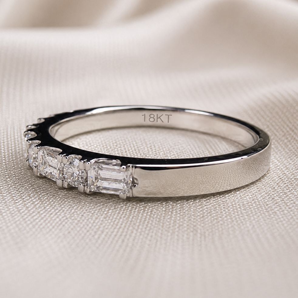 Baguette and Round Cut Lab Grown Diamond Ring Alternating Diamond Band Art Deco Wedding Band Stackable Anniversary Unique Bridal Jewelry