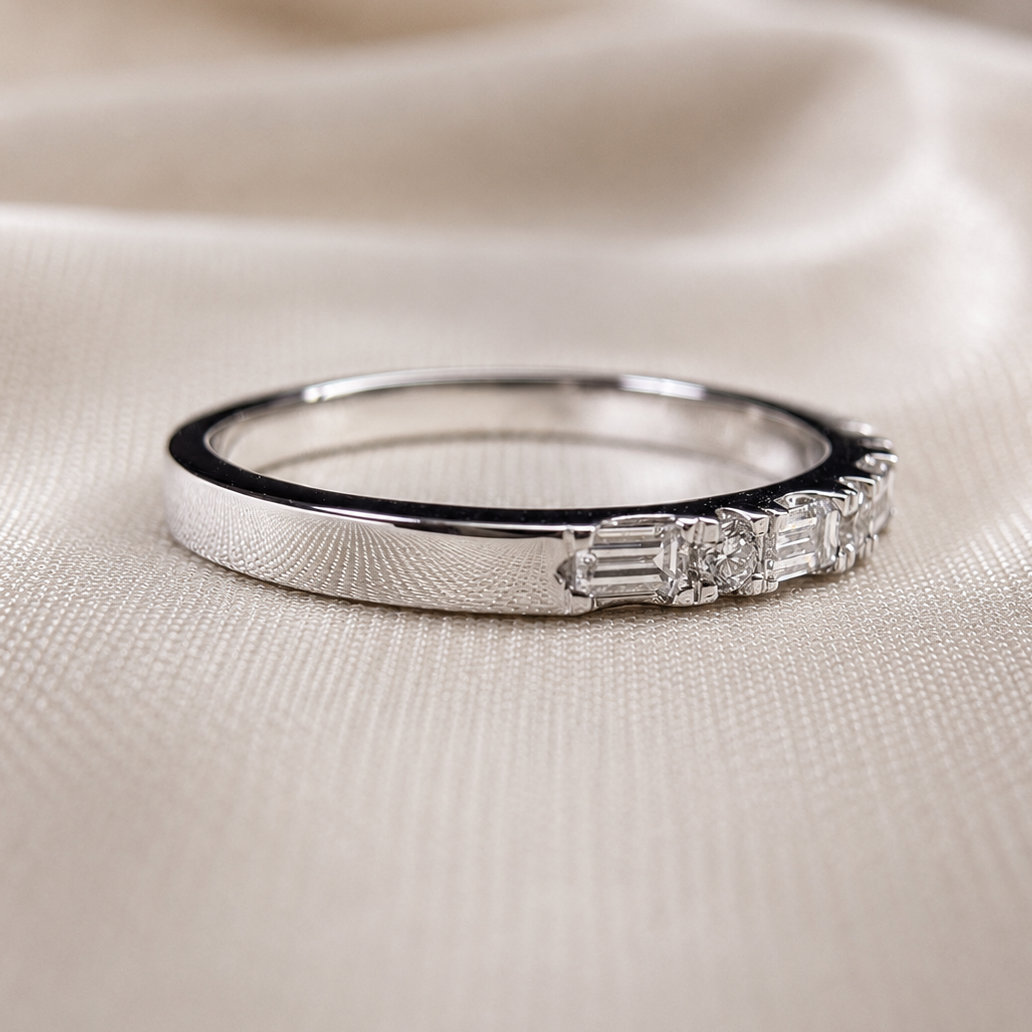 Baguette and Round Cut Lab Grown Diamond Ring Alternating Diamond Band Art Deco Wedding Band Stackable Anniversary Unique Bridal Jewelry