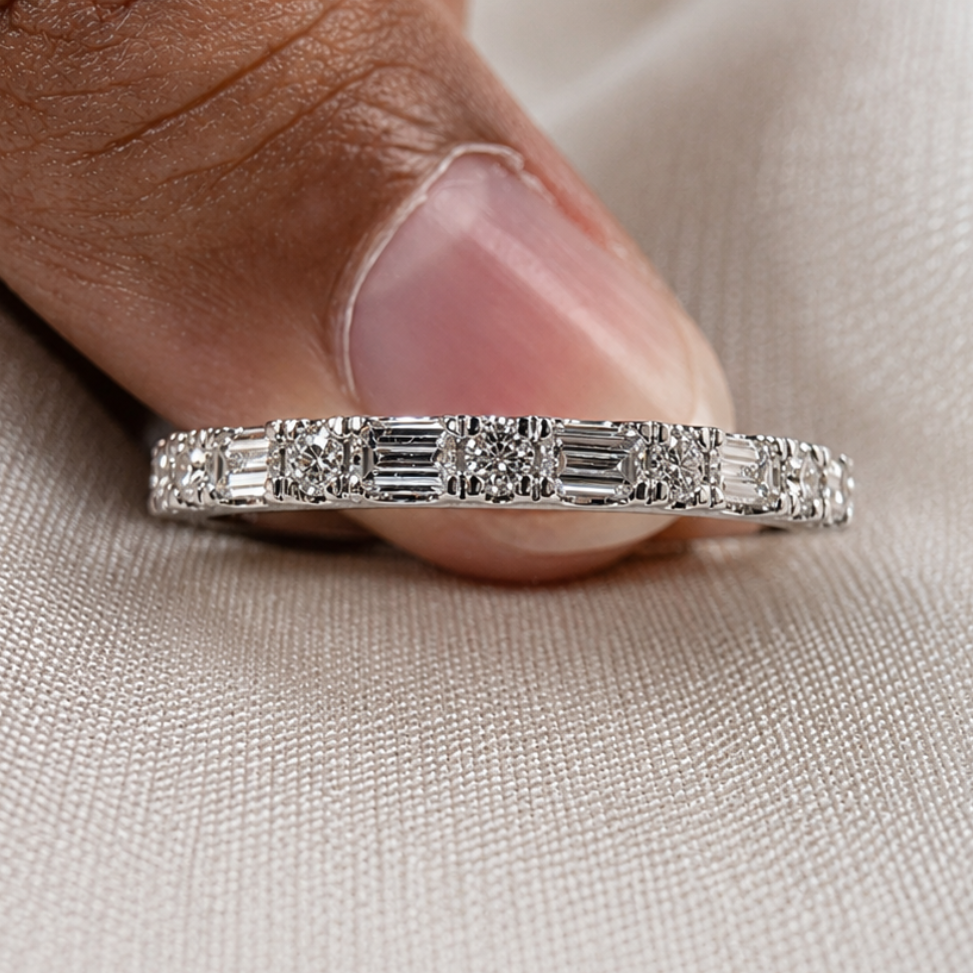 Baguette and Round Cut Lab Grown Diamond Ring Alternating Diamond Band Art Deco Wedding Band Stackable Anniversary Unique Bridal Jewelry