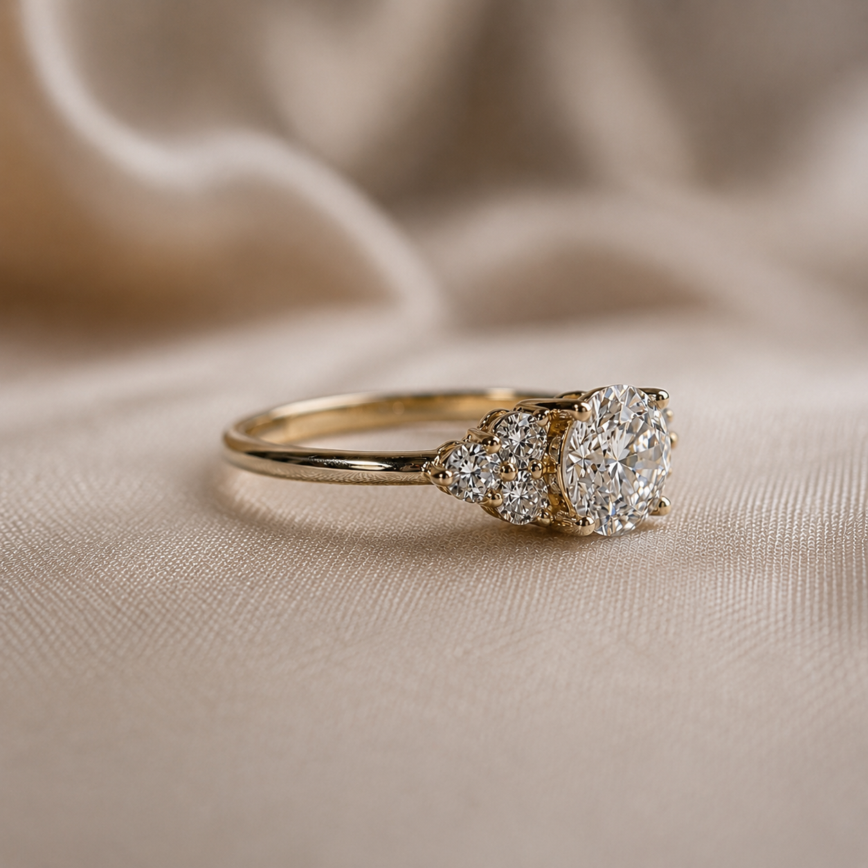 Round Cut Lab Grown Diamond Engagement Ring Diamond Floral Cluster Ring Yellow Gold Solitaire Proposal Ring Wedding Handmade Jewelry