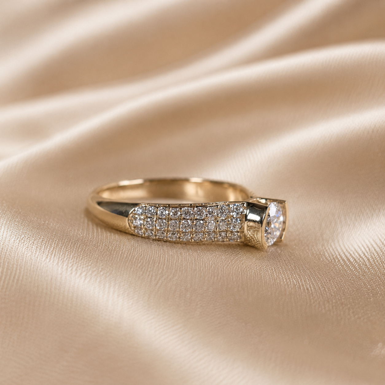 Round Cut Lab Grown Diamond Engagement Ring Pave Diamond Solitaire Ring Modern Bridal Ring Promise Ring Proposal for Her Handmade jewelry