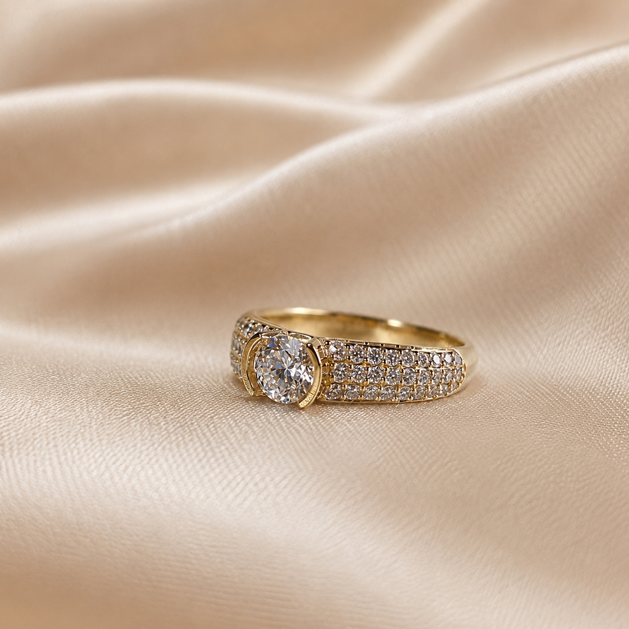 Round Cut Lab Grown Diamond Engagement Ring Pave Diamond Solitaire Ring Modern Bridal Ring Promise Ring Proposal for Her Handmade jewelry