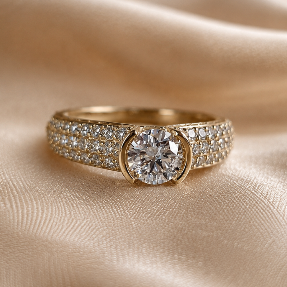 Round Cut Lab Grown Diamond Engagement Ring Pave Diamond Solitaire Ring Modern Bridal Ring Promise Ring Proposal for Her Handmade jewelry