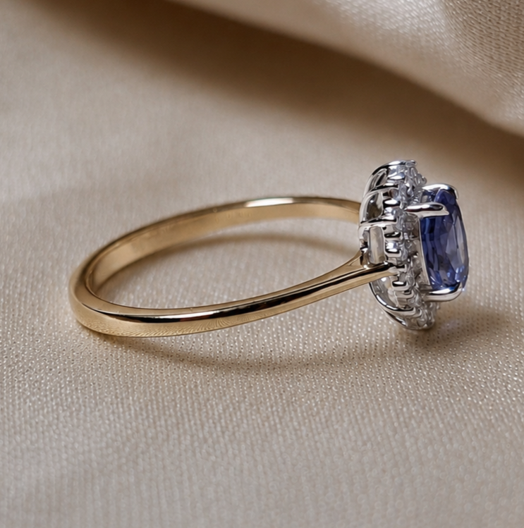 Oval Blue Sapphire Halo Engagement Ring Lab Grown Diamond Promise Ring Vintage Inspired Bridal Ring September Birthstone Gift