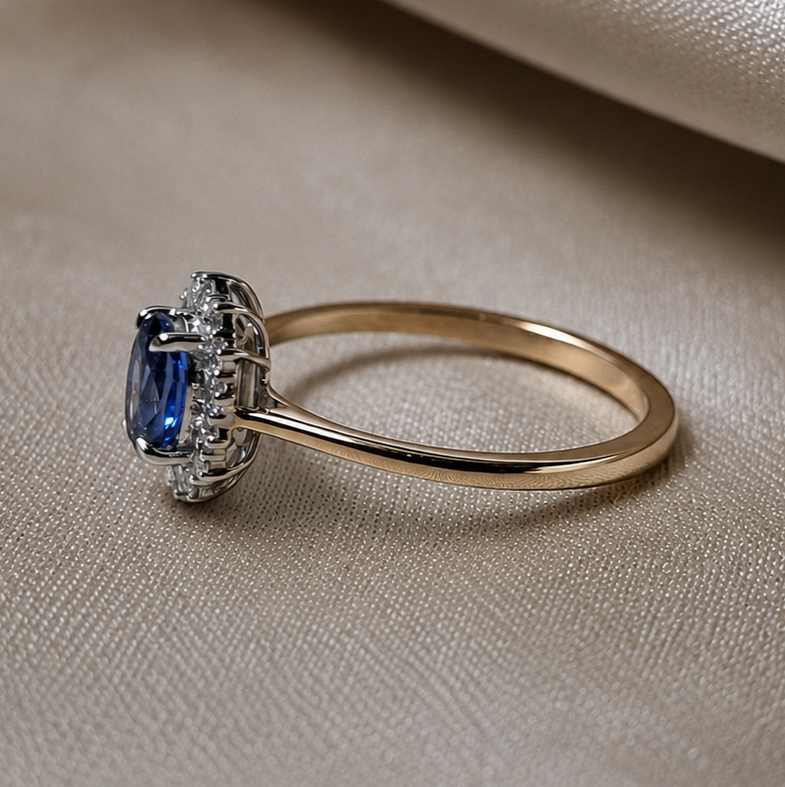 Oval Blue Sapphire Halo Engagement Ring Lab Grown Diamond Promise Ring Vintage Inspired Bridal Ring September Birthstone Gift