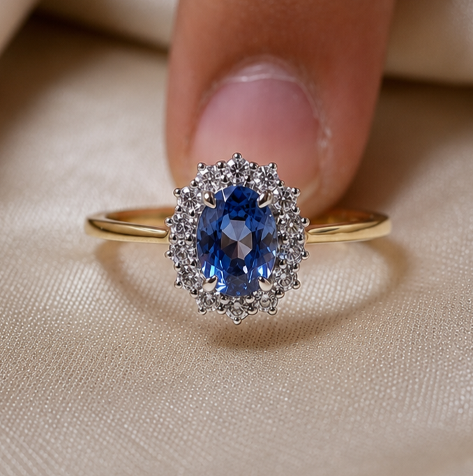 Oval Blue Sapphire Halo Engagement Ring Lab Grown Diamond Promise Ring Vintage Inspired Bridal Ring September Birthstone Gift