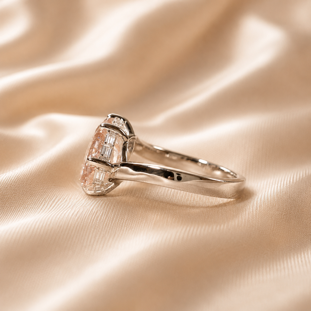 Pear Lab Grown Diamond Ring Blush Pink hidden halo baguette Engagement Ring Minimalist Promise Ring Gift Handmade Jewelry teardrop jewelry