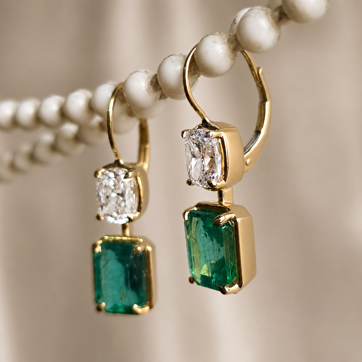 Emerald & Cushion Cut Lab Grown Diamond Drop Earrings Green Gemstone Dangle Earrings Statement Bridal Handmade Jewelry Gift for Her