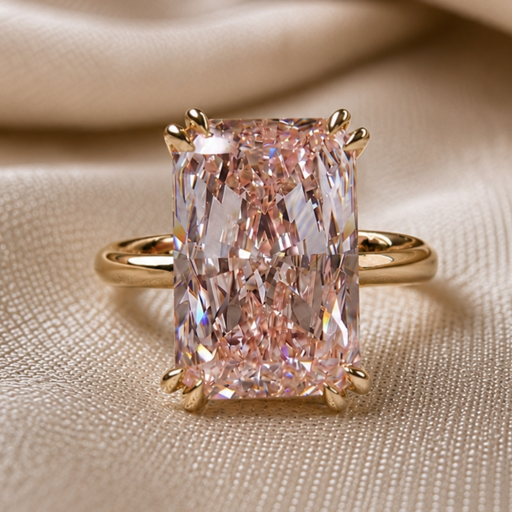 Pink Radiant Cut Lab Grown Diamond Ring Elongated Solitaire Engagement Ring Blush Pink Promise Handmade Ring Gift for Her
