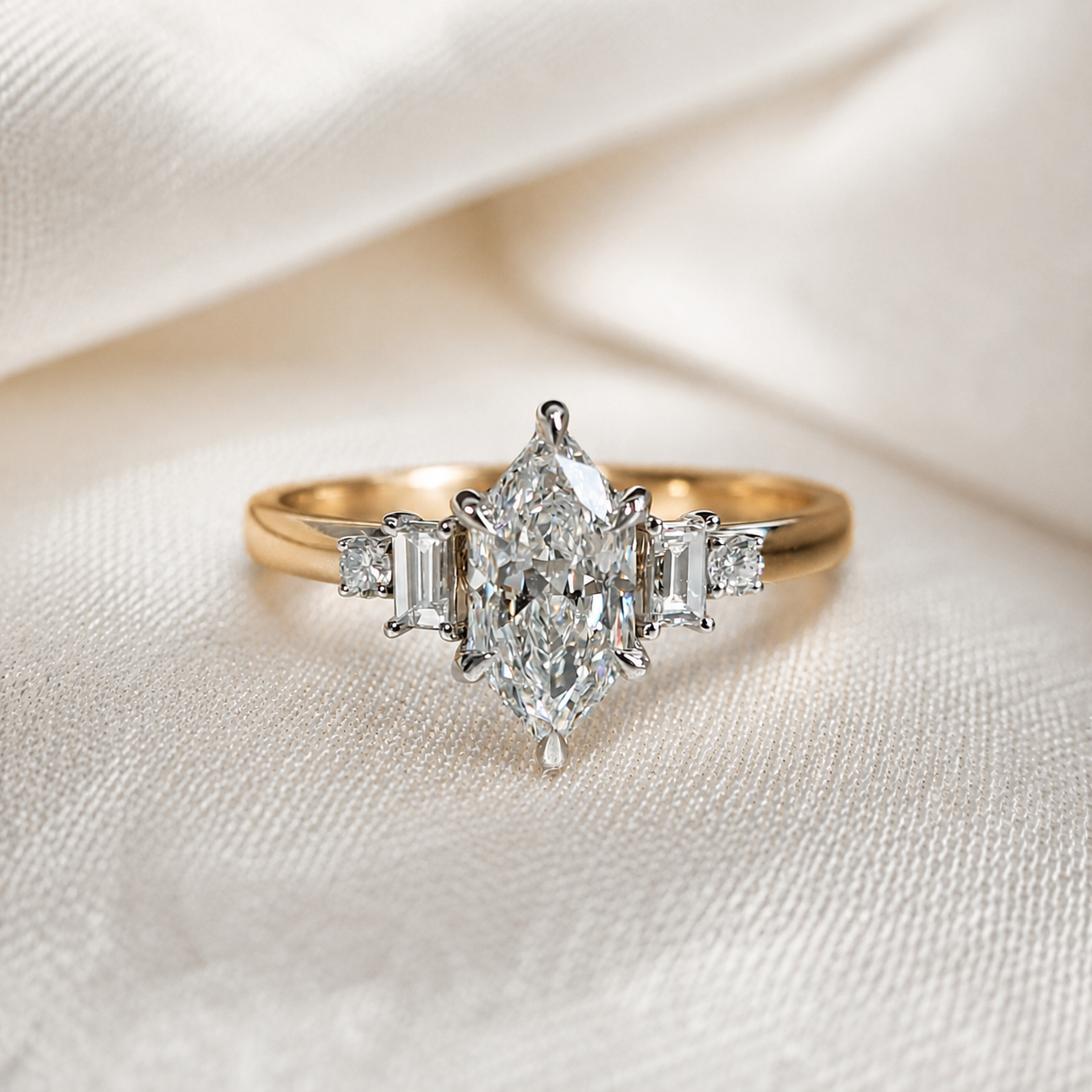 Dutch Marquise Hexagonal Lab Grown Diamond Engagement Ring Baguette & Round Side Stone Wedding Ring Gift for Her Minimalist Handmade Ring