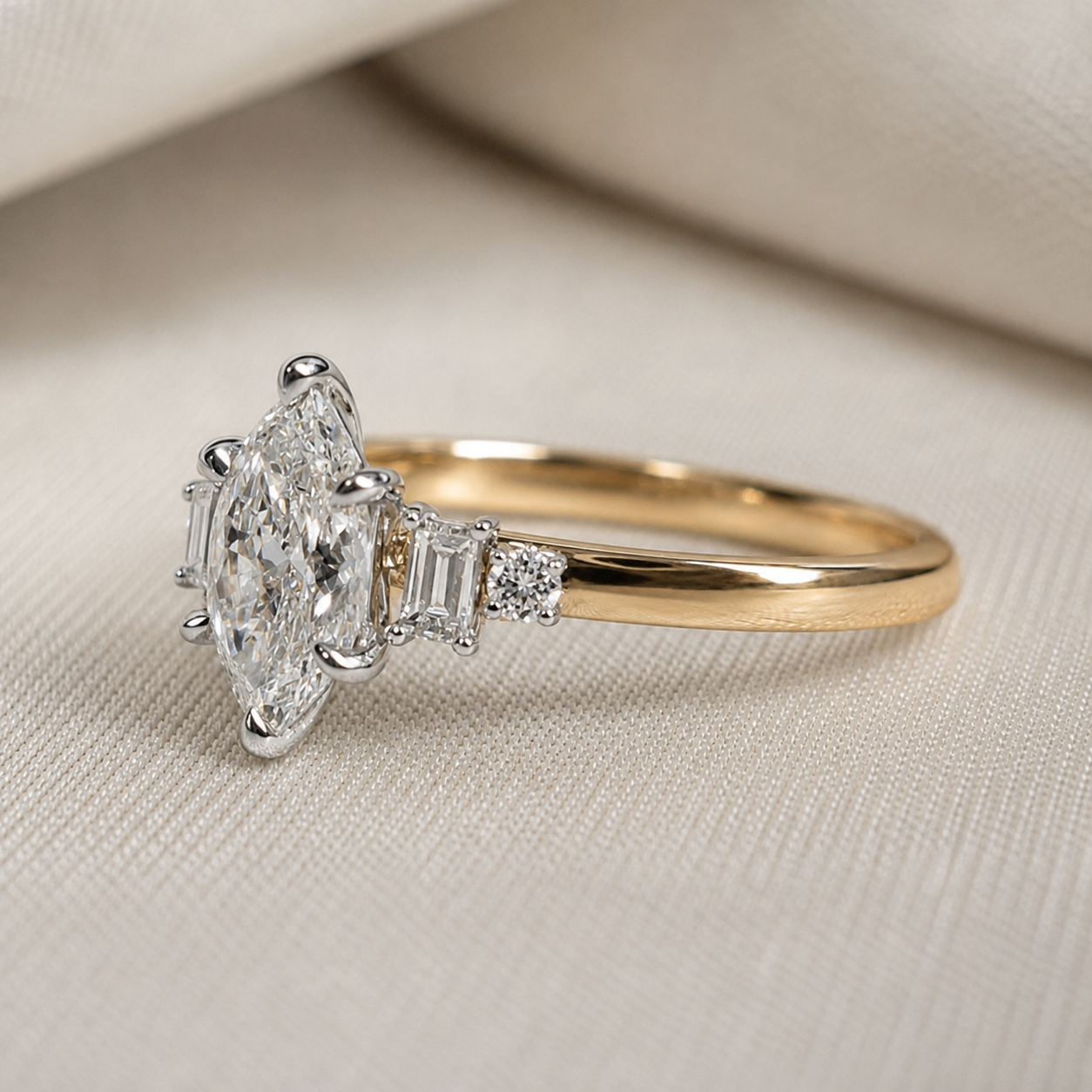 Dutch Marquise Hexagonal Lab Grown Diamond Engagement Ring Baguette & Round Side Stone Wedding Ring Gift for Her Minimalist Handmade Ring