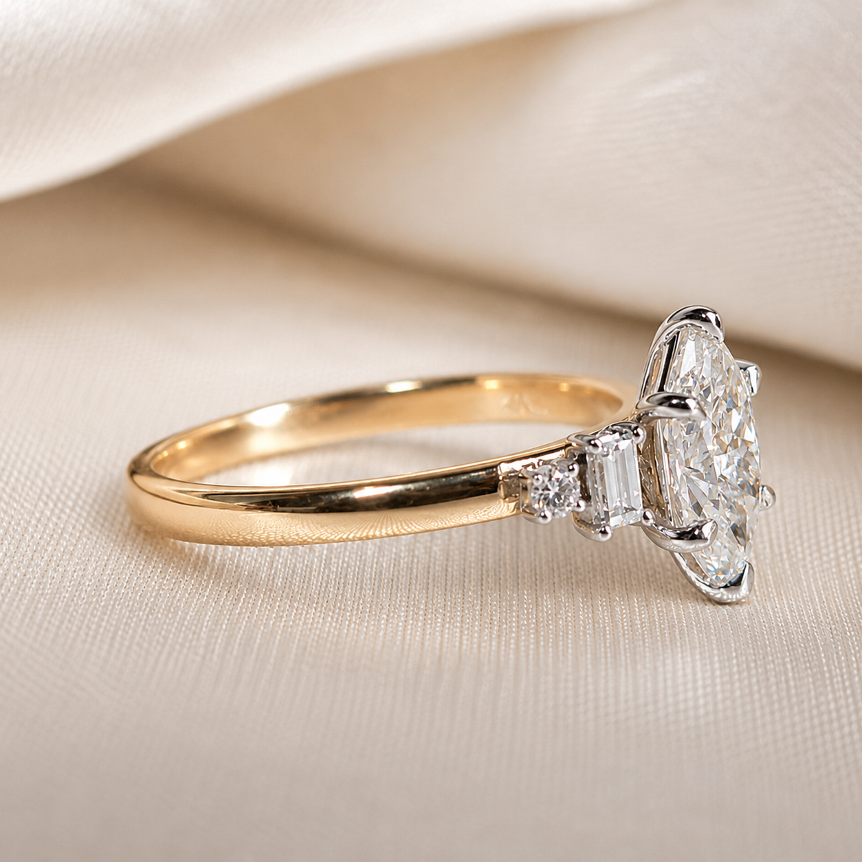 Dutch Marquise Hexagonal Lab Grown Diamond Engagement Ring Baguette & Round Side Stone Wedding Ring Gift for Her Minimalist Handmade Ring