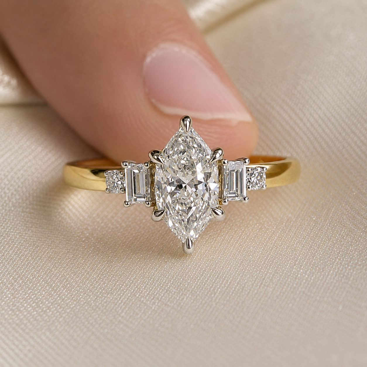 Dutch Marquise Hexagonal Lab Grown Diamond Engagement Ring Baguette & Round Side Stone Wedding Ring Gift for Her Minimalist Handmade Ring