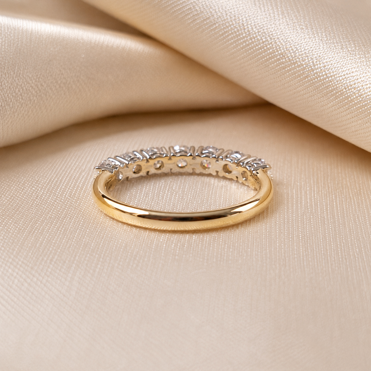 Round Cut Lab Grown Diamond Half Eternity Band Shared Prong Wedding Minimalist Bridal Band