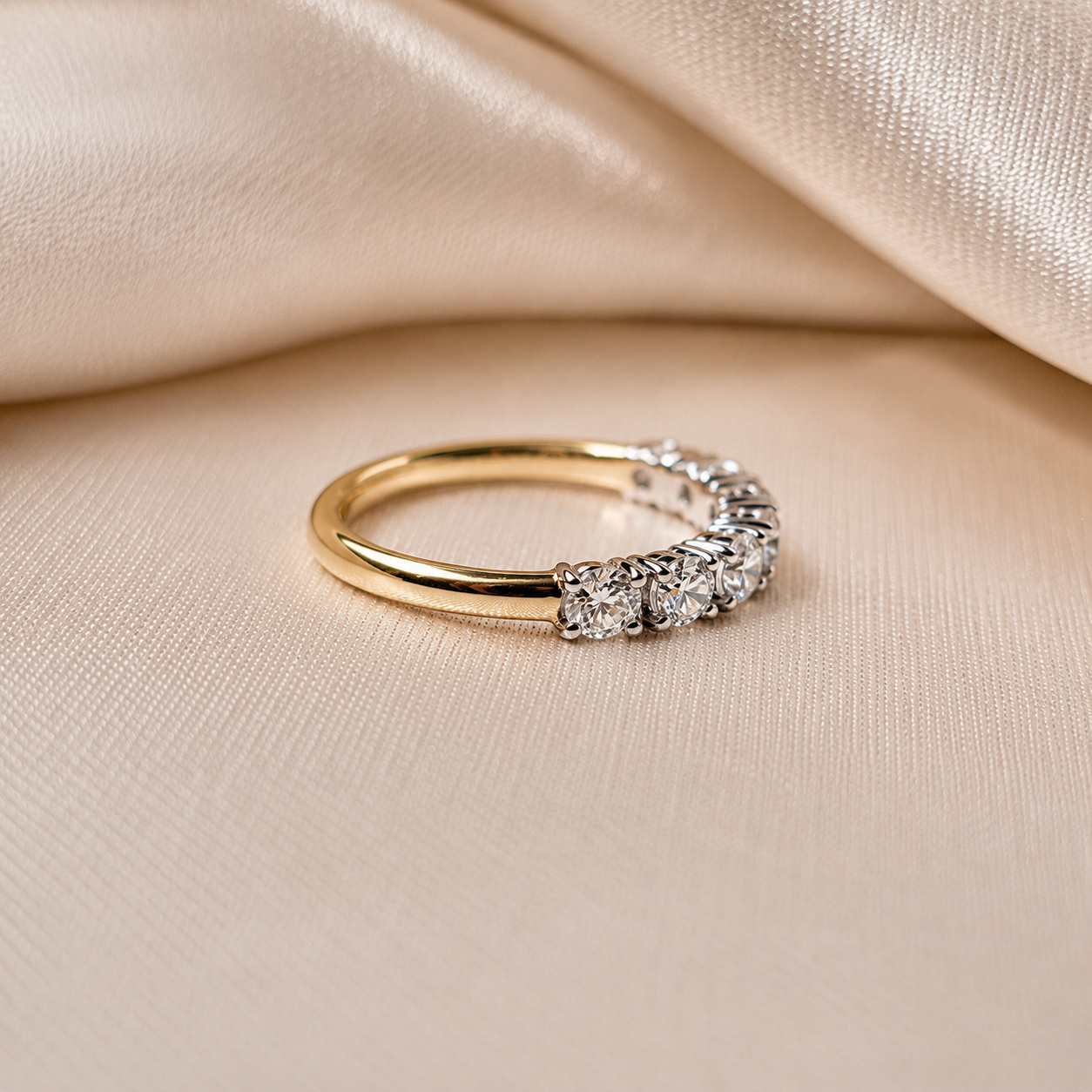 Round Cut Lab Grown Diamond Half Eternity Band Shared Prong Wedding Minimalist Bridal Band
