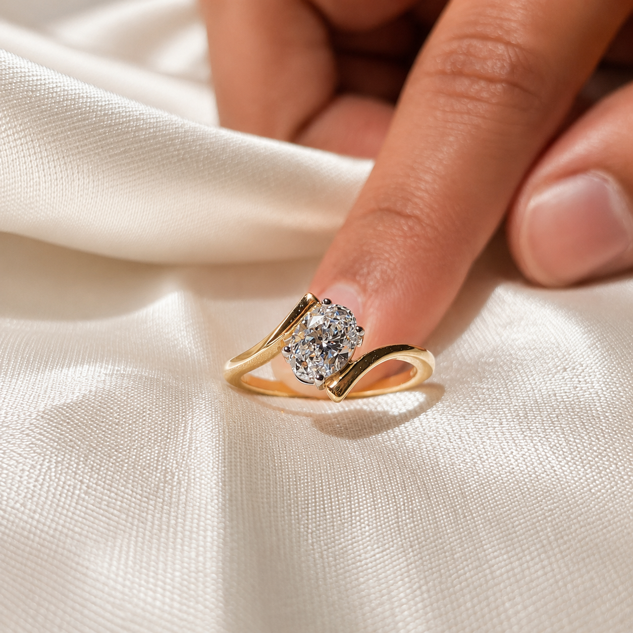 Oval Cut Lab Grown Diamond Bypass Engagement Ring Twisted Gold Solitaire Modern Wave Minimalist Promise Anniversary Ring