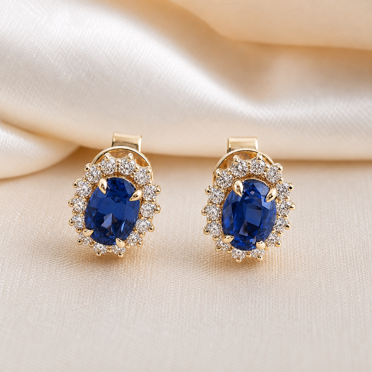 Oval Blue Sapphire Halo Stud Earrings Gemstone Royal Inspired Earrings