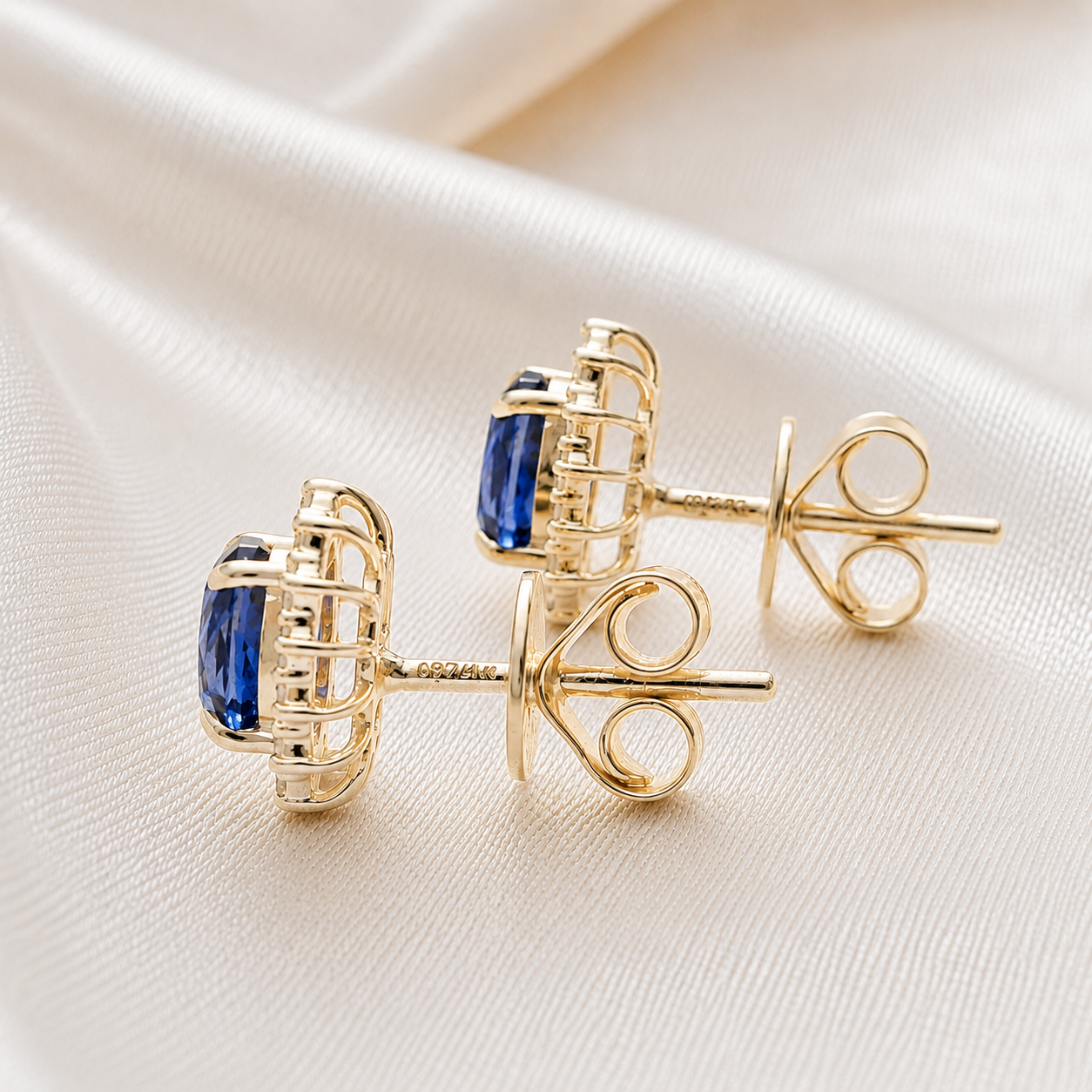 Oval Blue Sapphire Halo Stud Earrings Gemstone Royal Inspired Earrings