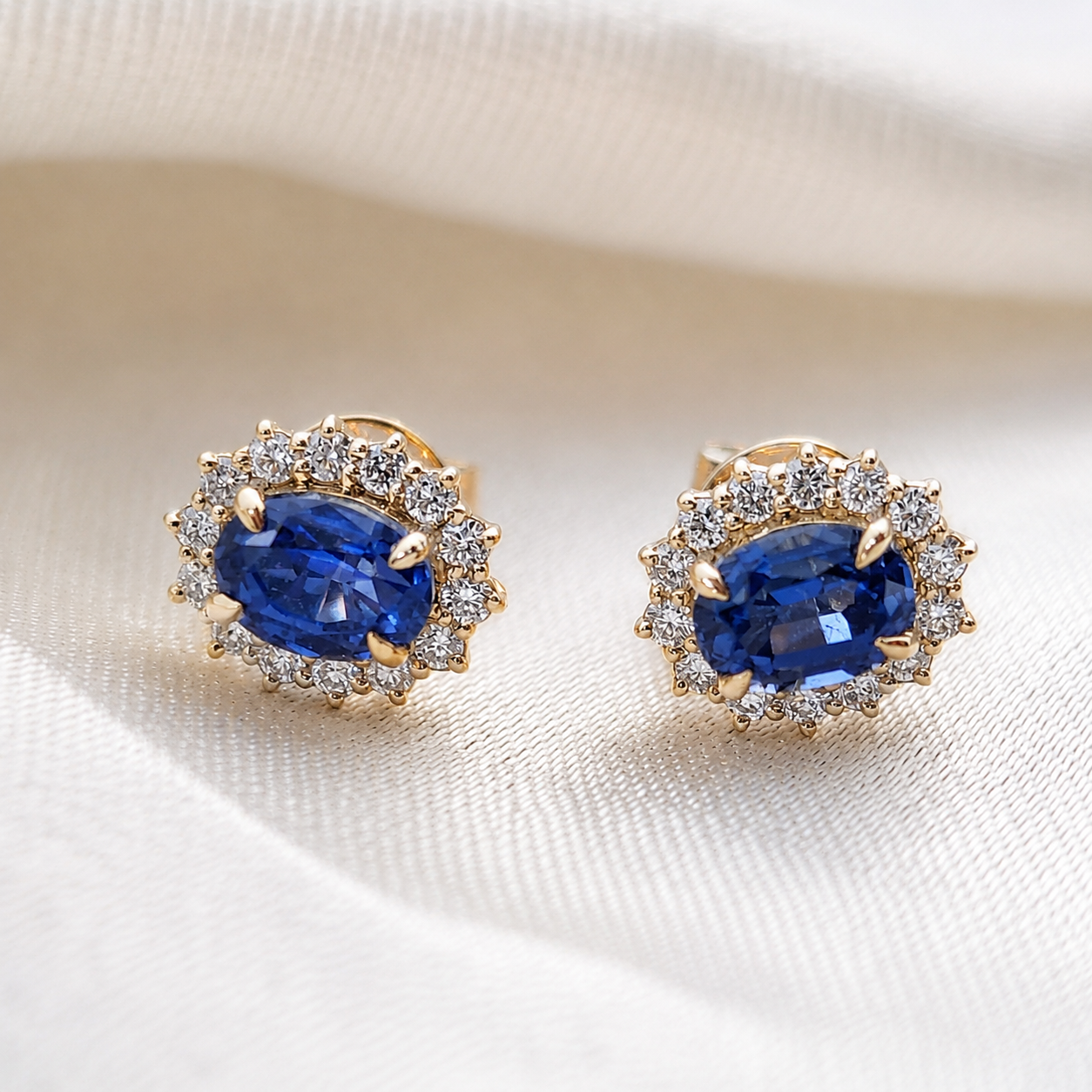Oval Blue Sapphire Halo Stud Earrings Gemstone Royal Inspired Earrings