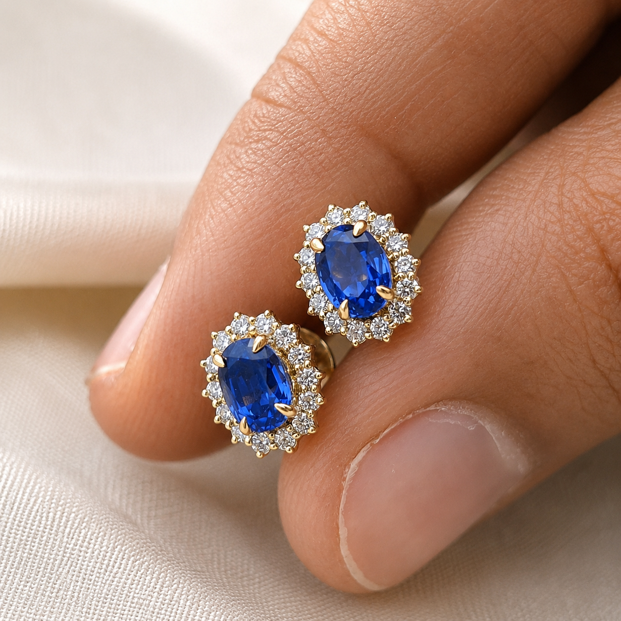 Oval Blue Sapphire Halo Stud Earrings Gemstone Royal Inspired Earrings