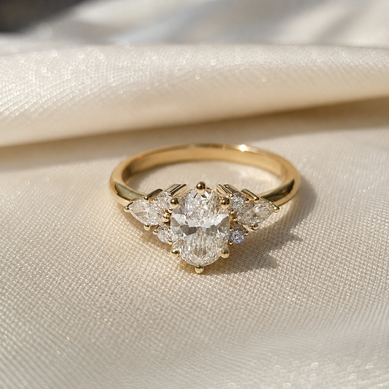 1 Carat Oval Cut Lab Grown Diamond Three Stone Engagement Ring Marquise Side Stone Ring Cluster  Vintage Ring