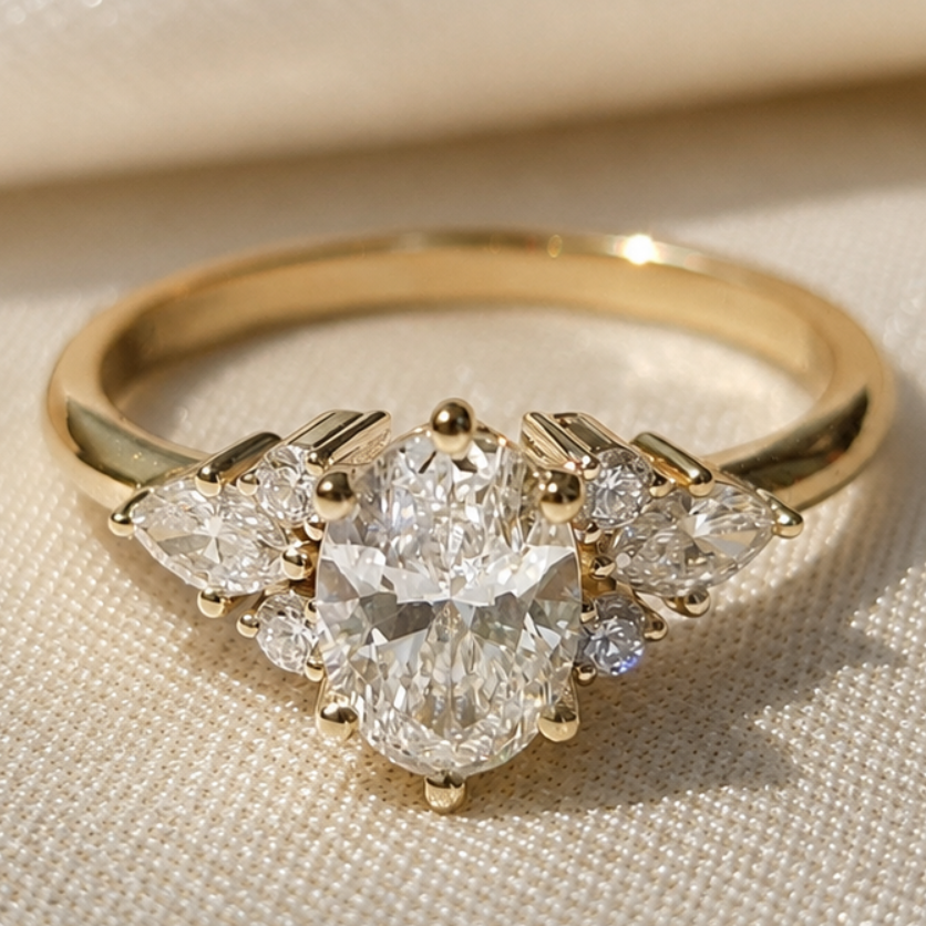 1 Carat Oval Cut Lab Grown Diamond Three Stone Engagement Ring Marquise Side Stone Ring Cluster  Vintage Ring