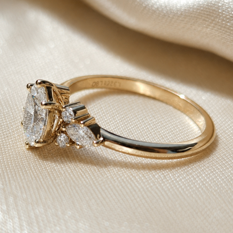 1 Carat Oval Cut Lab Grown Diamond Three Stone Engagement Ring Marquise Side Stone Ring Cluster  Vintage Ring