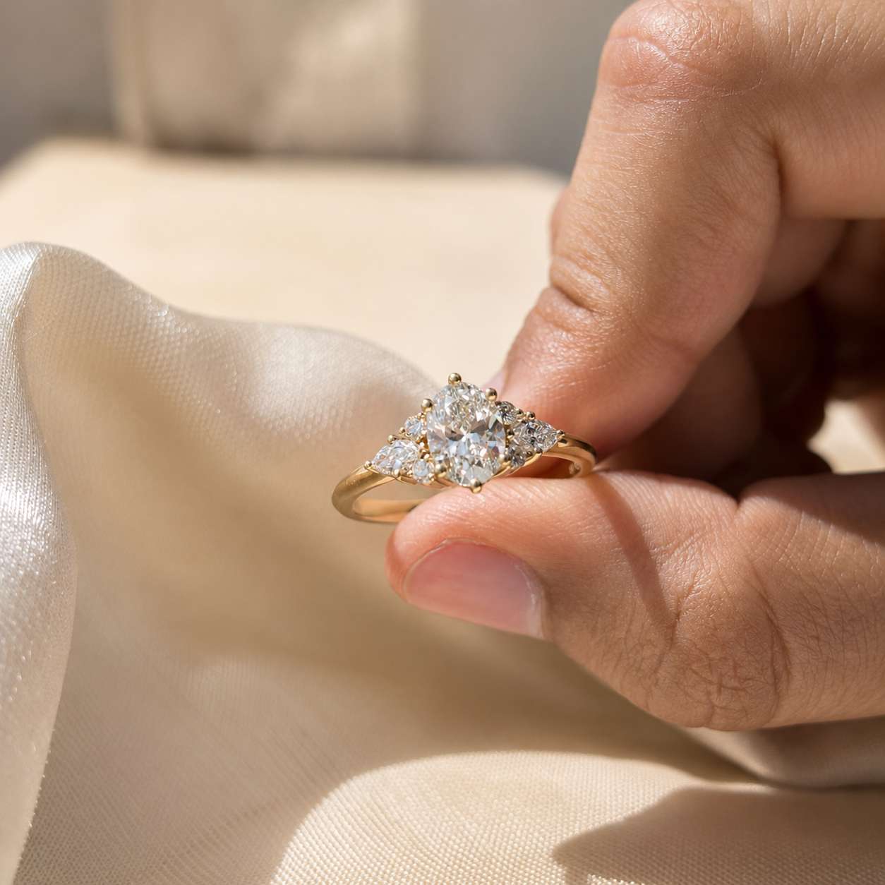 1 Carat Oval Cut Lab Grown Diamond Three Stone Engagement Ring Marquise Side Stone Ring Cluster  Vintage Ring
