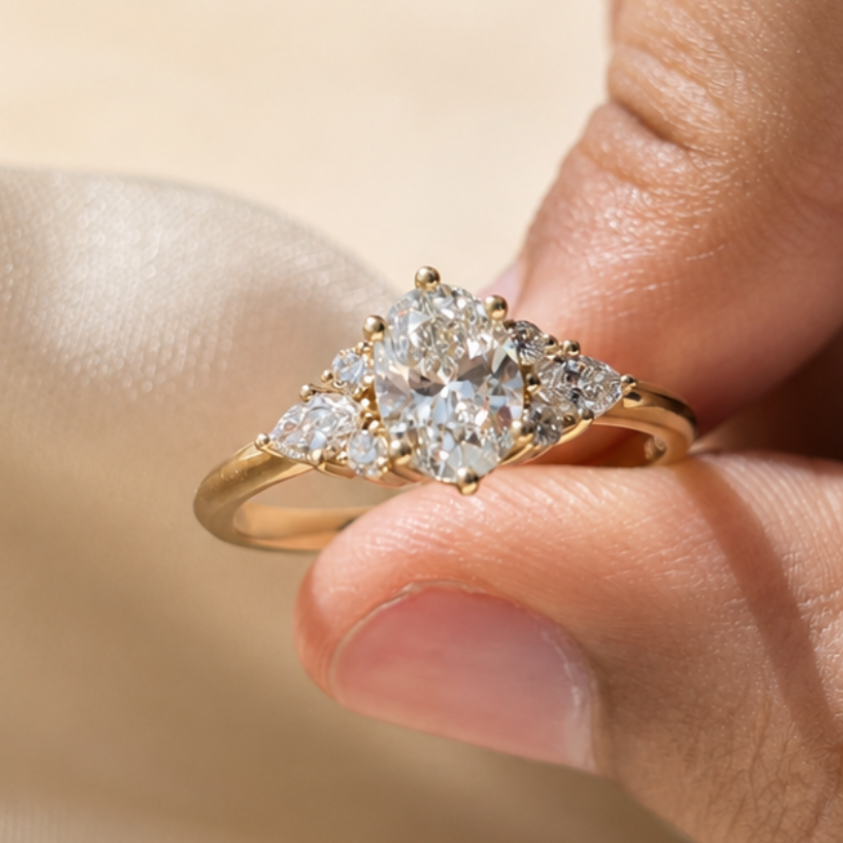 1 Carat Oval Cut Lab Grown Diamond Three Stone Engagement Ring Marquise Side Stone Ring Cluster  Vintage Ring