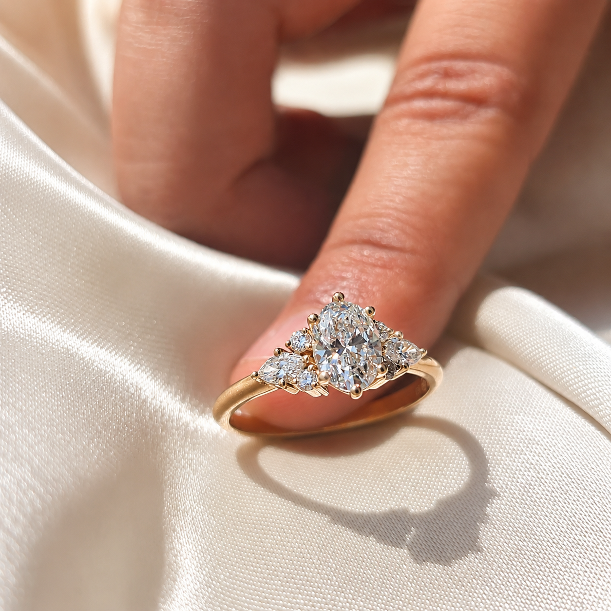 1 Carat Oval Cut Lab Grown Diamond Three Stone Engagement Ring Marquise Side Stone Ring Cluster  Vintage Ring