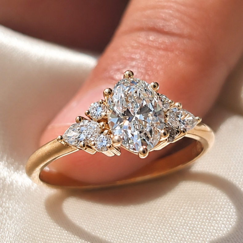 1 Carat Oval Cut Lab Grown Diamond Three Stone Engagement Ring Marquise Side Stone Ring Cluster  Vintage Ring