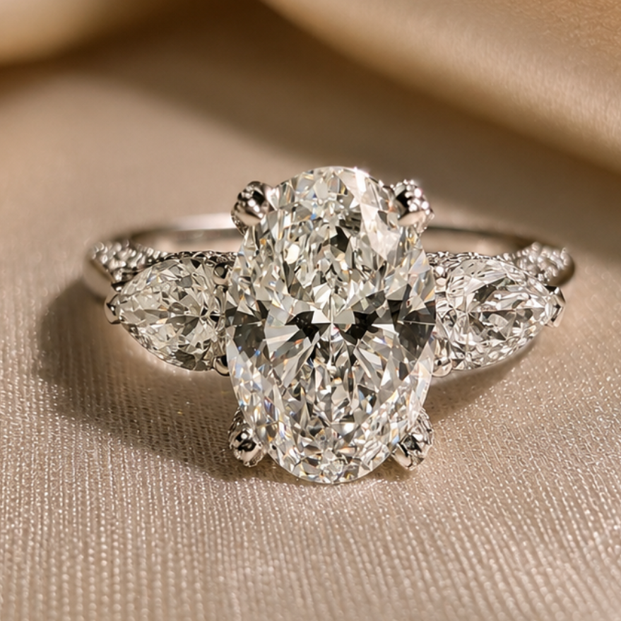 3.09 Carat Oval Cut Lab Grown Diamond Three Stone Engagement Ring Pear Side Stone Ring Hidden Halo Bridal Ring Vintage Proposal Ring Gift