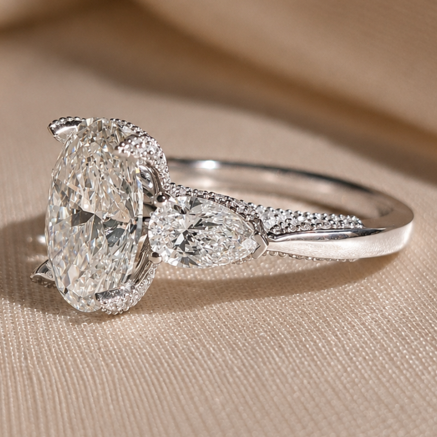 3.09 Carat Oval Cut Lab Grown Diamond Three Stone Engagement Ring Pear Side Stone Ring Hidden Halo Bridal Ring Vintage Proposal Ring Gift
