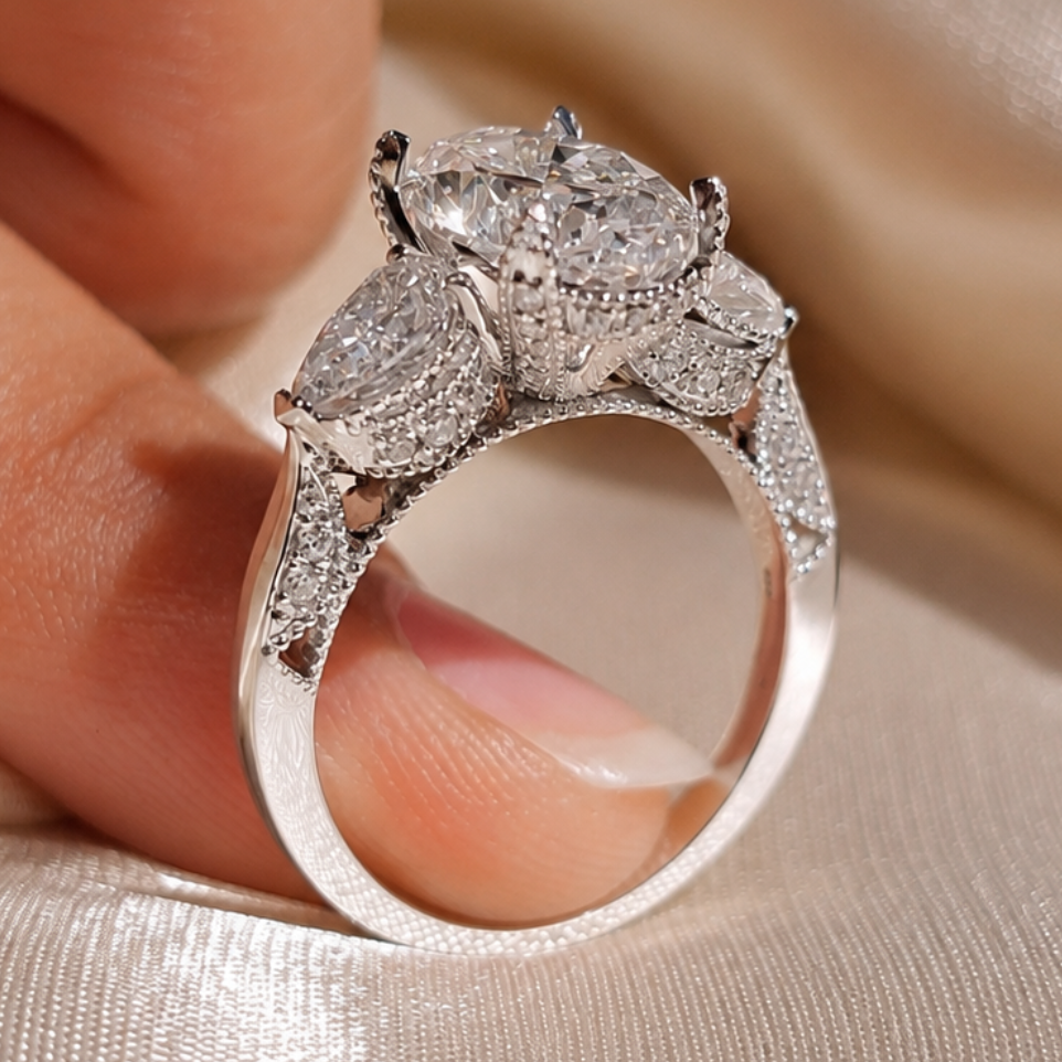 3.09 Carat Oval Cut Lab Grown Diamond Three Stone Engagement Ring Pear Side Stone Ring Hidden Halo Bridal Ring Vintage Proposal Ring Gift