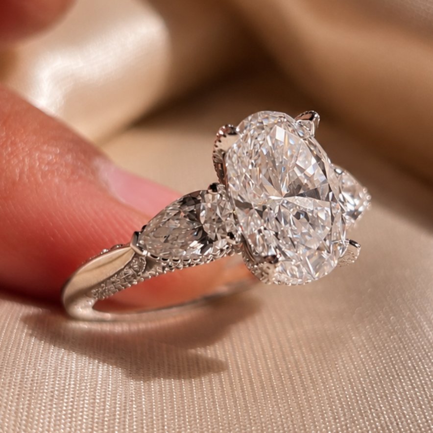 3.09 Carat Oval Cut Lab Grown Diamond Three Stone Engagement Ring Pear Side Stone Ring Hidden Halo Bridal Ring Vintage Proposal Ring Gift