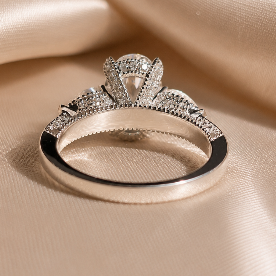 3.09 Carat Oval Cut Lab Grown Diamond Three Stone Engagement Ring Pear Side Stone Ring Hidden Halo Bridal Ring Vintage Proposal Ring Gift