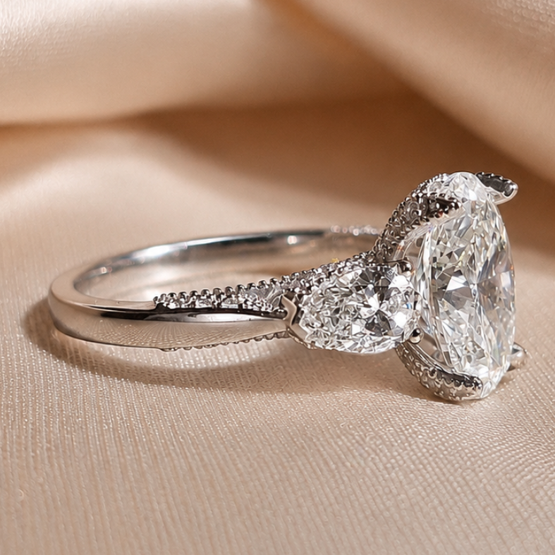3.09 Carat Oval Cut Lab Grown Diamond Three Stone Engagement Ring Pear Side Stone Ring Hidden Halo Bridal Ring Vintage Proposal Ring Gift
