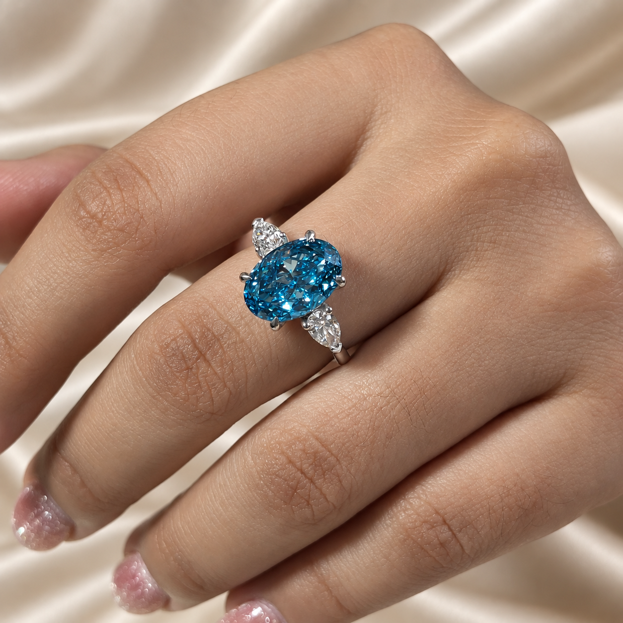 Blue Oval Lab Grown Diamond Pear Side Stones Three Stone Bridal Engagement Ring