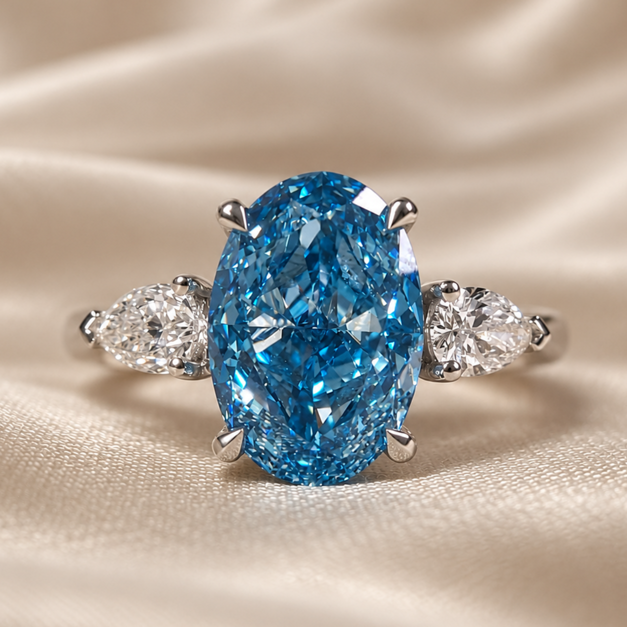 Blue Oval Lab Grown Diamond Pear Side Stones Three Stone Bridal Engagement Ring