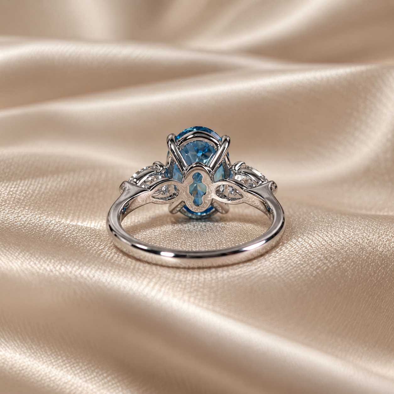 Blue Oval Lab Grown Diamond Pear Side Stones Three Stone Bridal Engagement Ring
