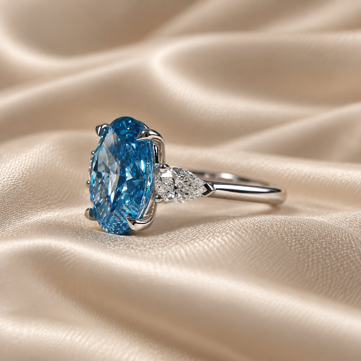 Blue Oval Lab Grown Diamond Pear Side Stones Three Stone Bridal Engagement Ring