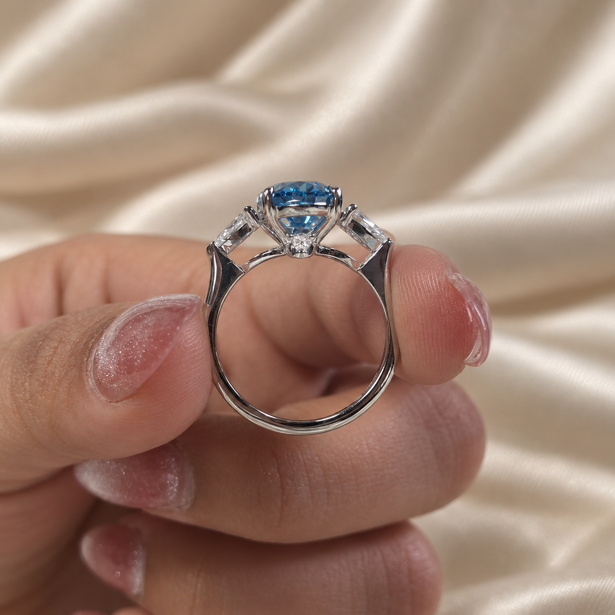 Blue Oval Lab Grown Diamond Pear Side Stones Three Stone Bridal Engagement Ring