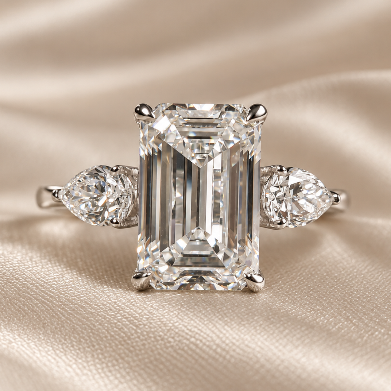Emerald Lab Grown Diamond Engagement Ring Pear Side Stones Three Stone Bridal Ring