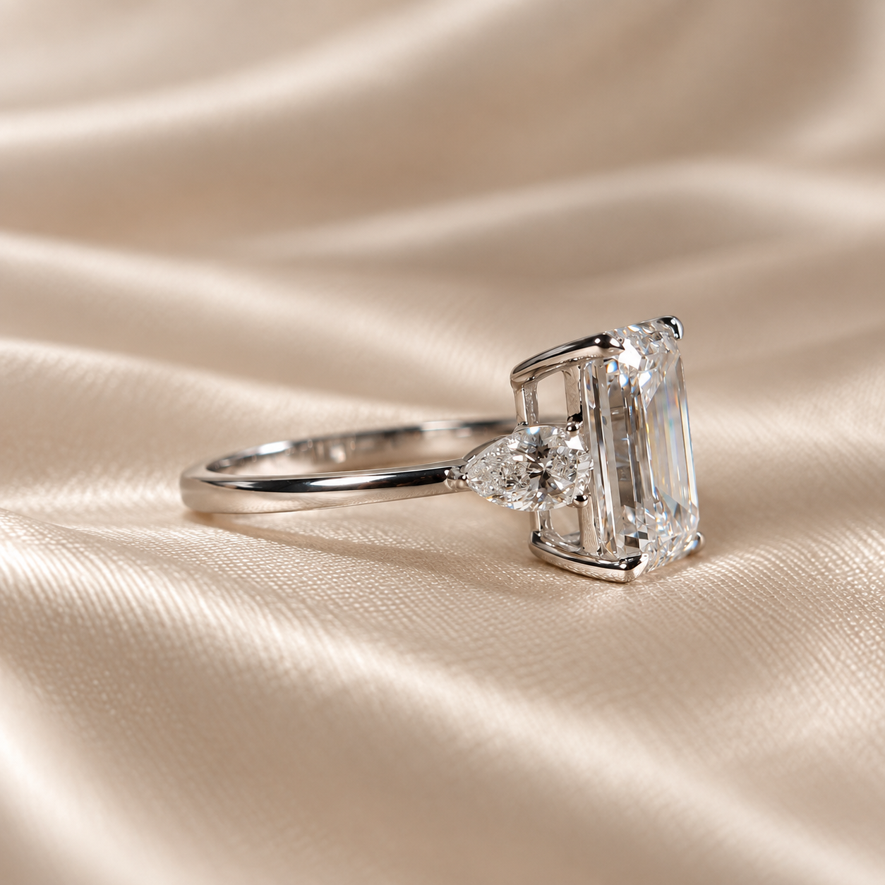 Emerald Lab Grown Diamond Engagement Ring Pear Side Stones Three Stone Bridal Ring