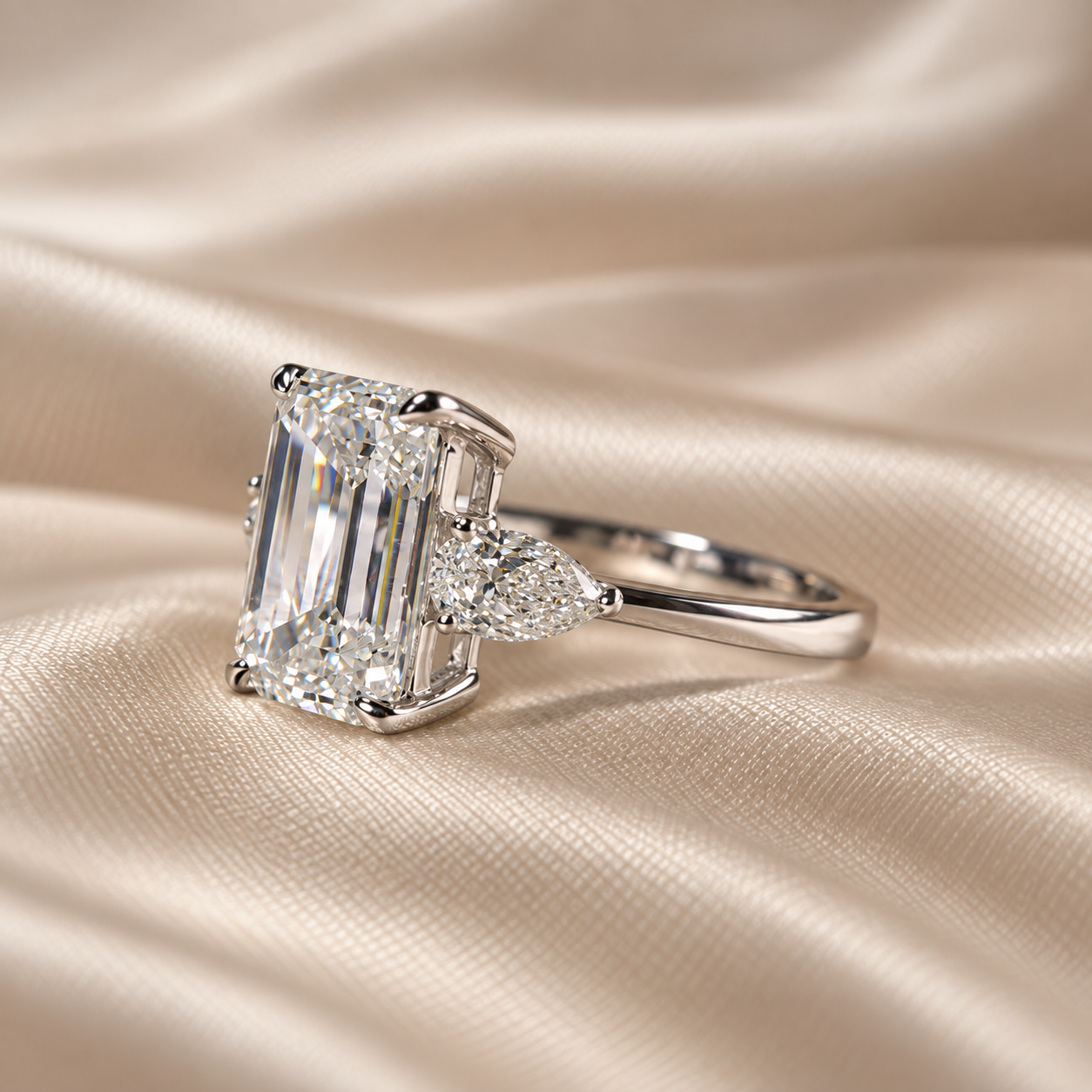 Emerald Lab Grown Diamond Engagement Ring Pear Side Stones Three Stone Bridal Ring