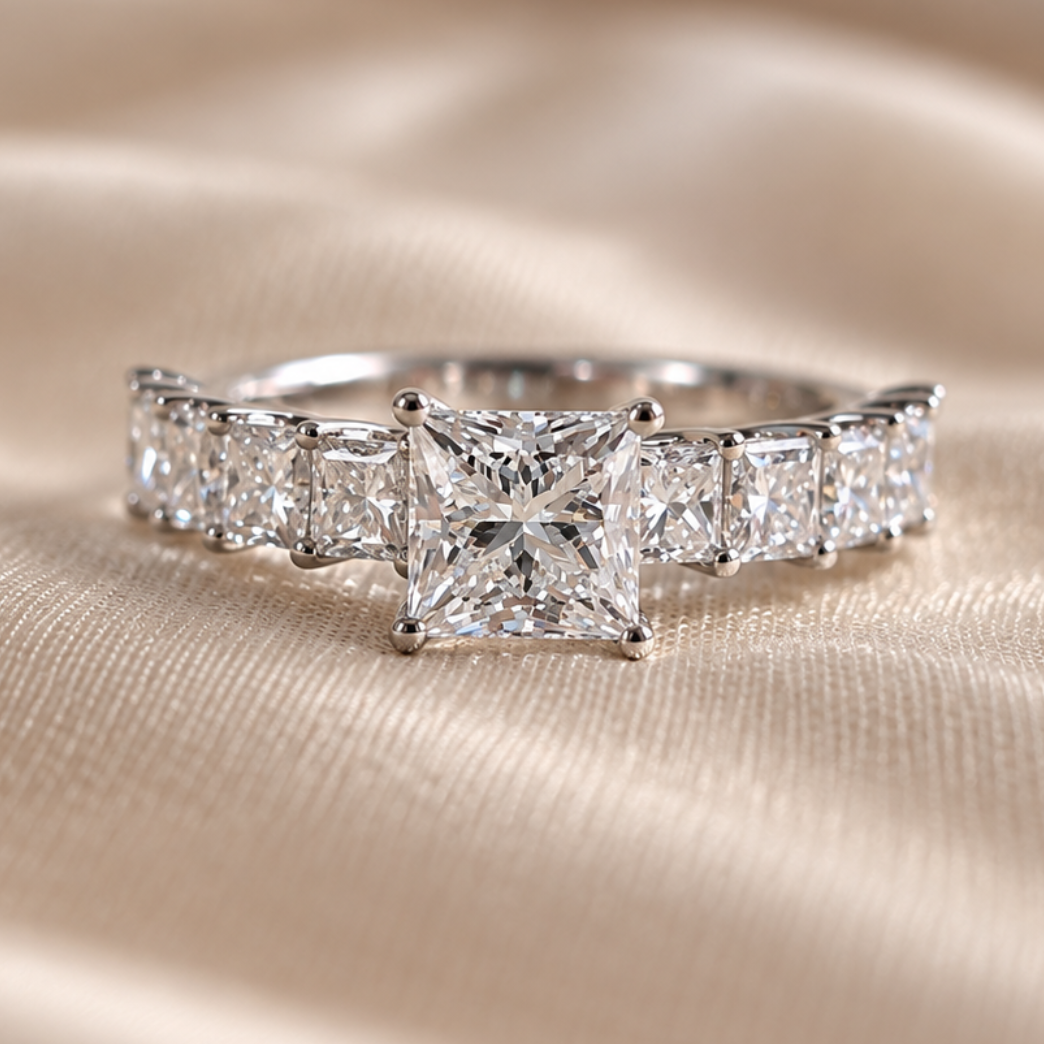 Princess Cut Diamond Engagement Ring Diamond Wedding Band Classic Elegant Bridal Jewelry